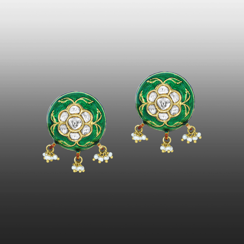 Green Enamel Earrings with Polki Floral Motifs and Pearl Drops